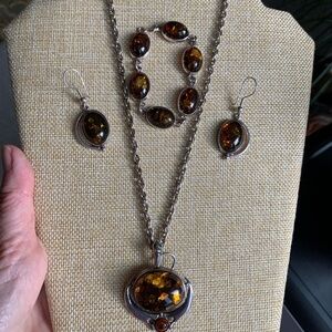 Amber style vintage sterling parure set